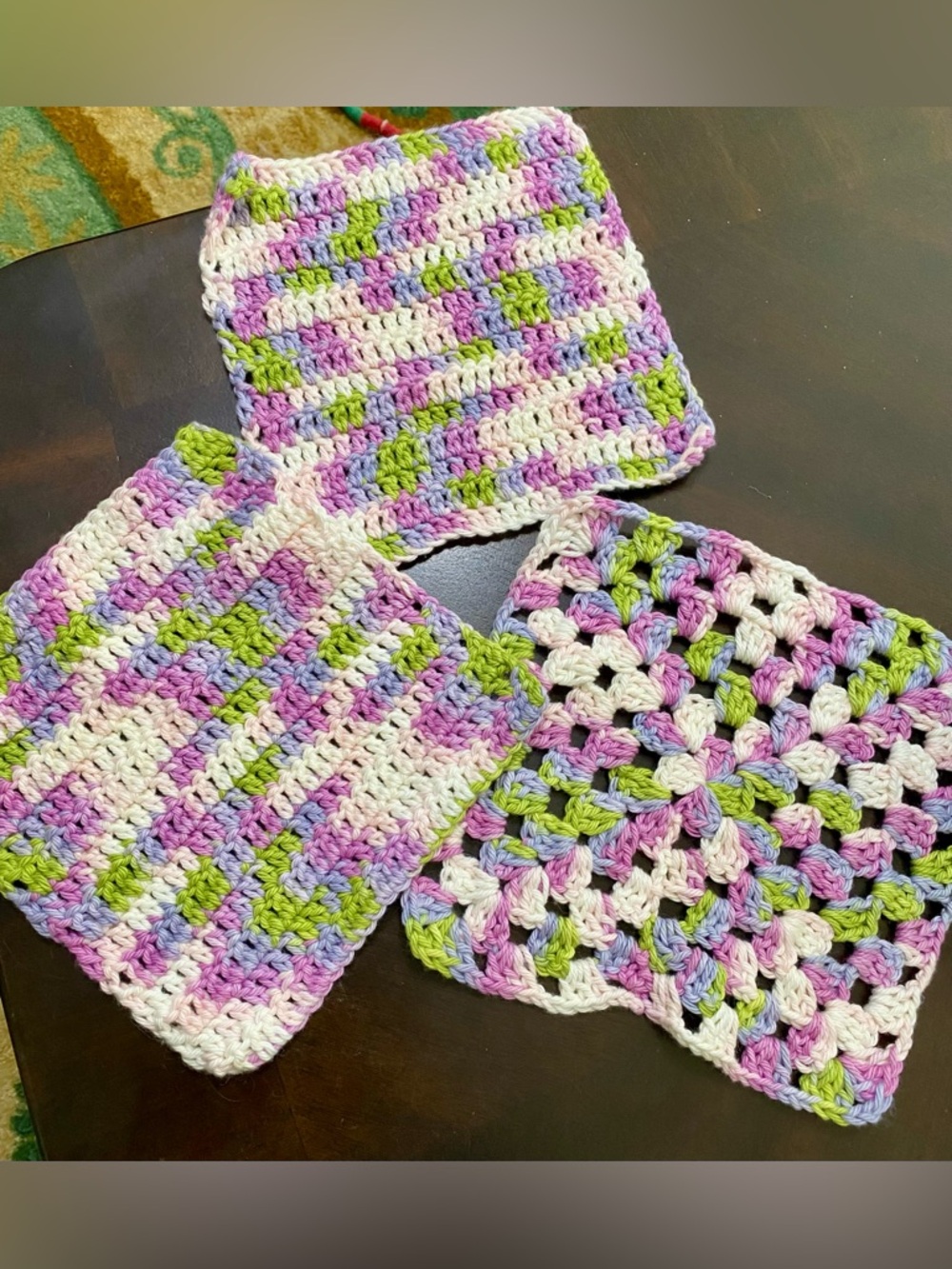 Handmade Crocheted Kitchen Set in Pastel Lavender, Green & Cream (3)
